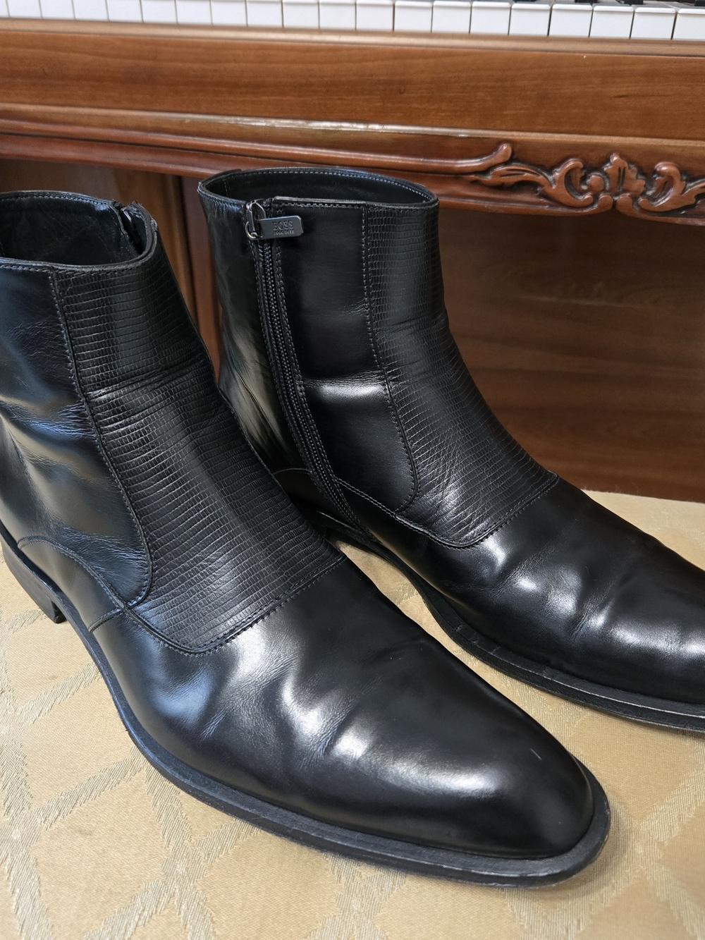 BOSS from Hugo Boss Men's Black Leather Zipper Ankle Boots, DRESSY and CLASSY